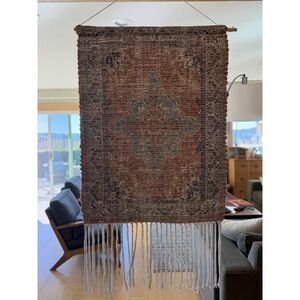 Vintage Handwoven Wall Hanging Textile Tapestry 29.5 x 38 Boho MCM Fringe